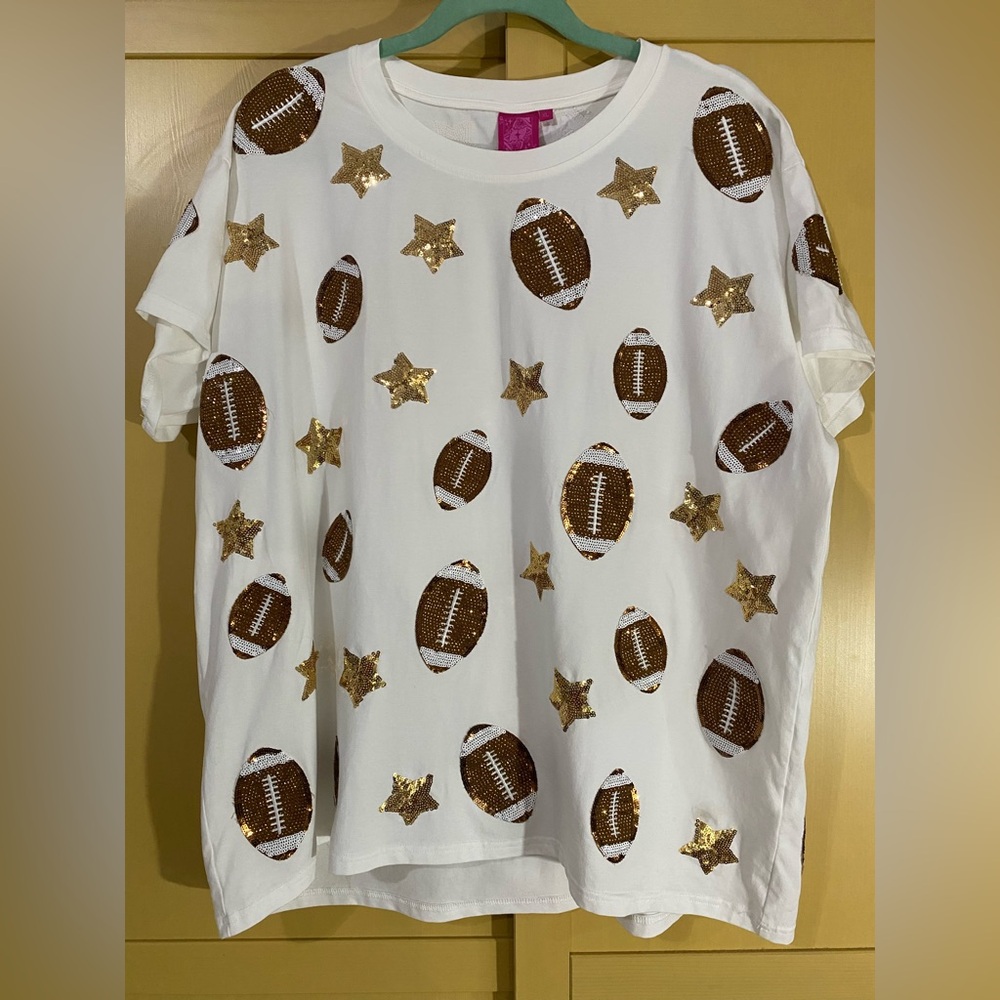QUEEN OF SPARKLES White and Gold Football Star Tee
